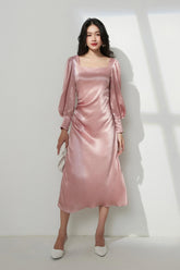 Silk Midi Dress with Square Neckline, Long Puff Sleeves and Tailored Waist for Formal Occasions